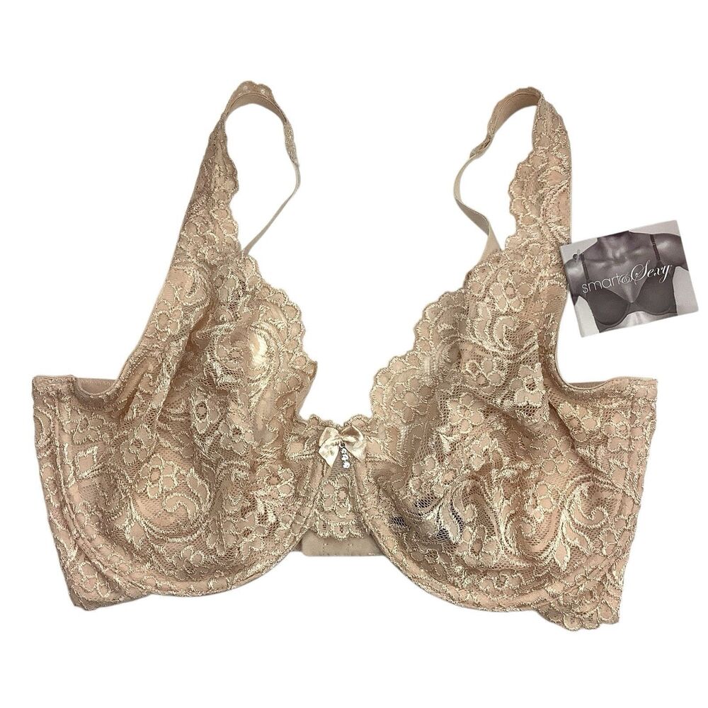 Smart & Sexy Bra 34DDD Beige Tan Nude Lace Underwired Semi Sheer Mesh